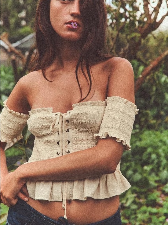 Zara Tops - Zara Cream Off-Shoulder Lace-Up Smocked Peplum Crop Top